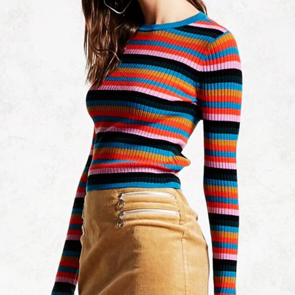 Multicolored Striped Ribbed Cropped Pullover Crewneck Long Sleeve - Medium - Picture 1 of 8